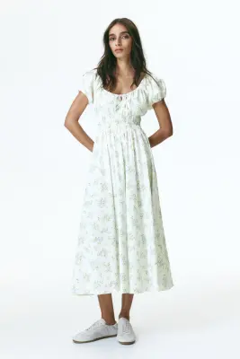 Robe à taille smockée - Crème/fleuri — photo 1