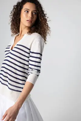 Polo Rayé Bleu Manches Trois quarts en Lin — photo 3