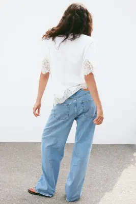 T-shirt en coton avec dentelle - Blanc/crème — photo 3