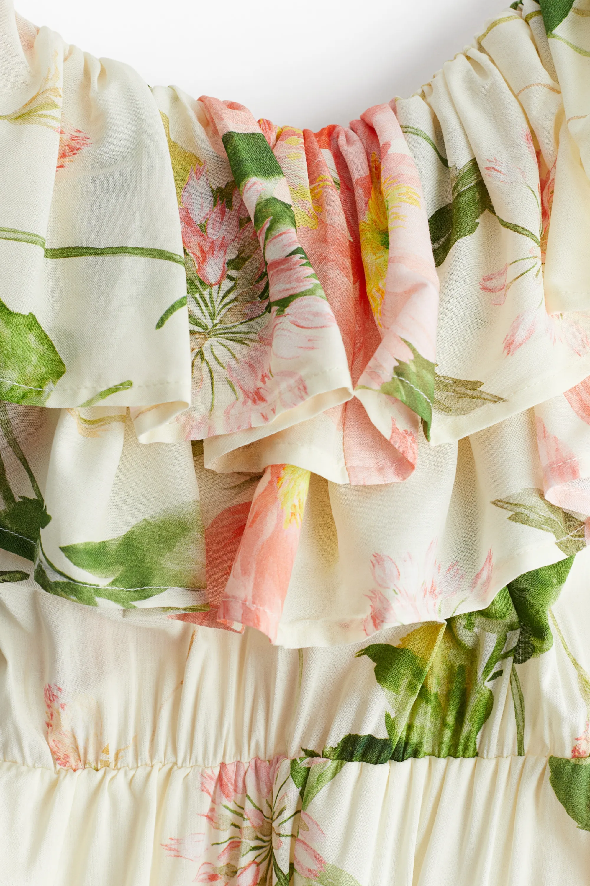 Robe épaules nues volantée - Crème/fleuri
