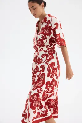 Robe chemise avec ceinture à nouer - Blanc/rouge/fleuri — photo 3