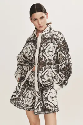 Veste avec broderie anglaise - Beige clair/marron foncé — photo 1
