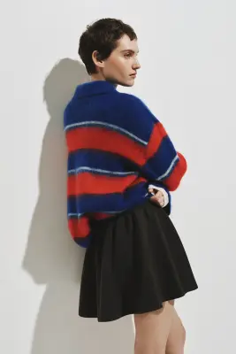 Pull à col zippé en mohair mélangé - Bleu vif/rayures rouges — photo 4