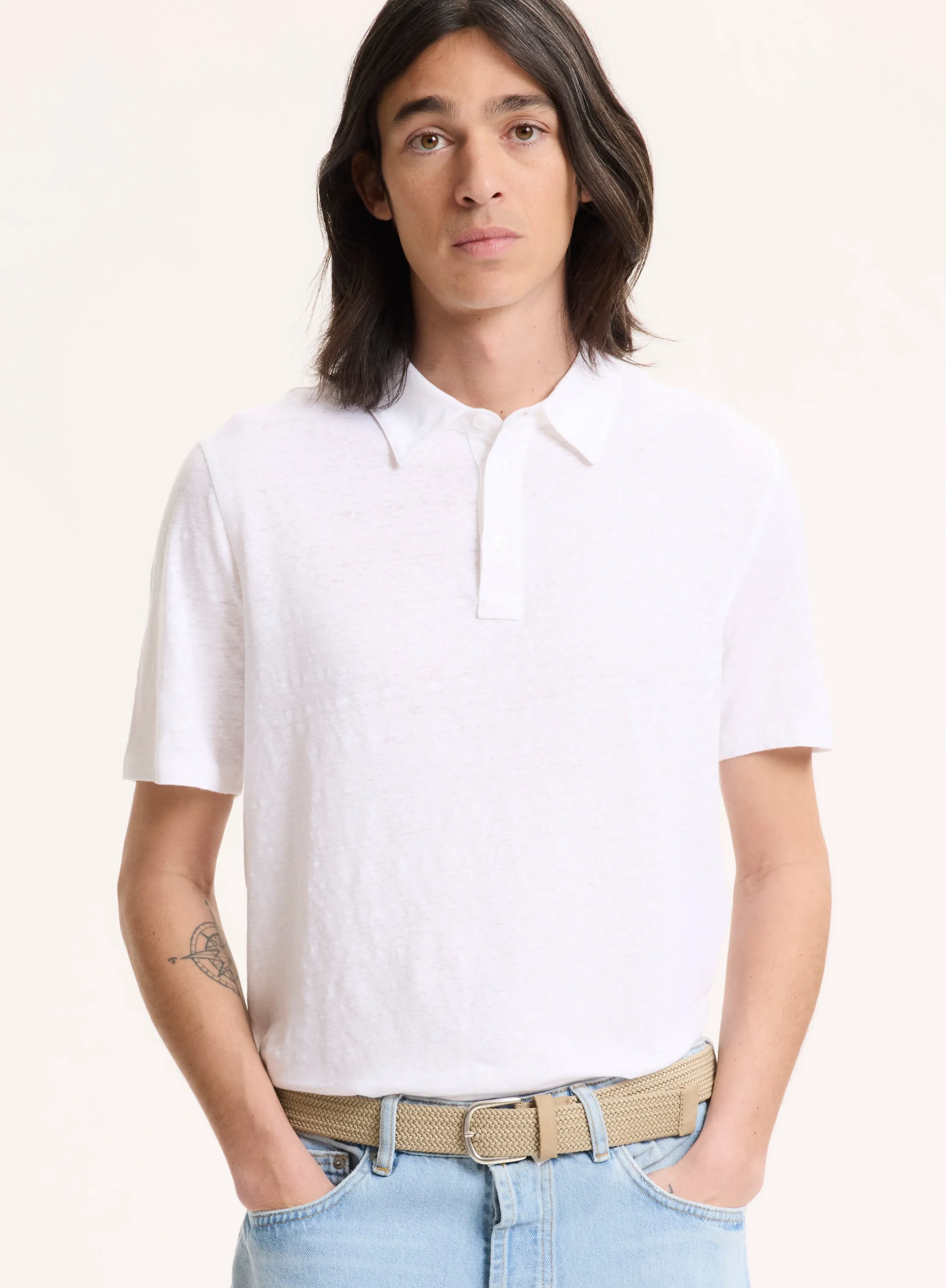 Polo Blanc Manches Courtes en Lin / Elasthanne