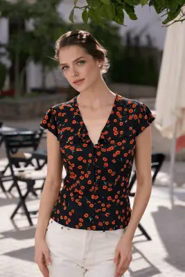 Milena Flounce Blouse - Black red floral — photo 2