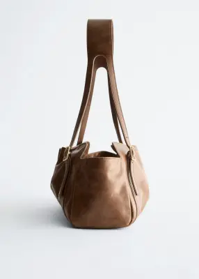 Sac porté épaule en cuir à silhouette basse - Marron Clair — photo 5