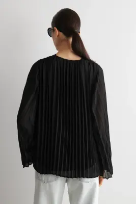 BLOUSE PLISSÉE EN GEORGETTE ENCOLURE À NOUER - NOIR — photo 5