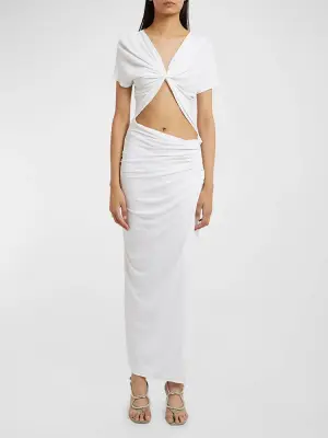 Robe longue manches courtes en jersey drapé blanc ajouré Prix boutique 952€ Taille L — photo 3