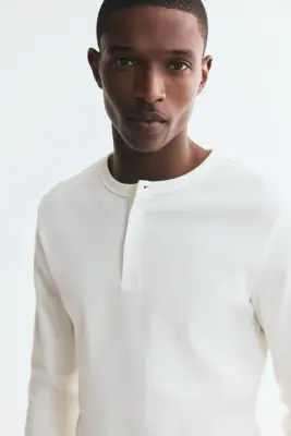 T-shirt Slim Fit à col tunisien en coton côtelé - Blanc — photo 2
