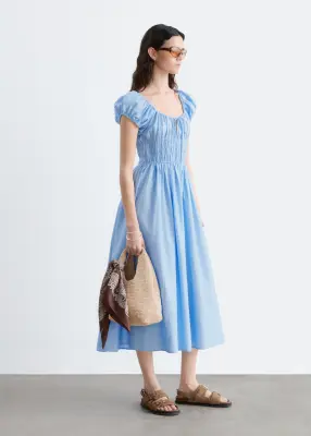 Robe midi à smocks en coton - Bleu clair — photo 2