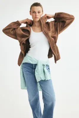 Veste oversize avec cordon de serrage à la taille - Marron — photo 1