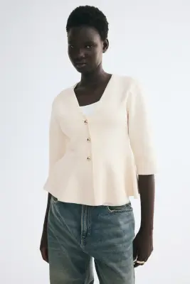 Fine-knit peplum cardigan - Beige clair — photo 1