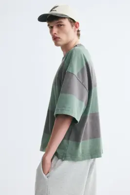 T-shirt boxy Oversized Fit en coton - Gris/rayé — photo 4