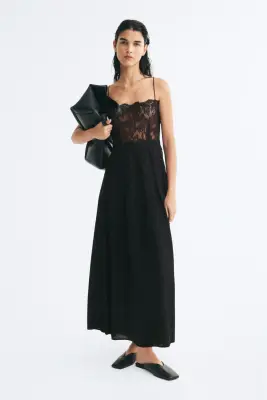 Robe bi-matière à bretelles fines - Noir — photo 1