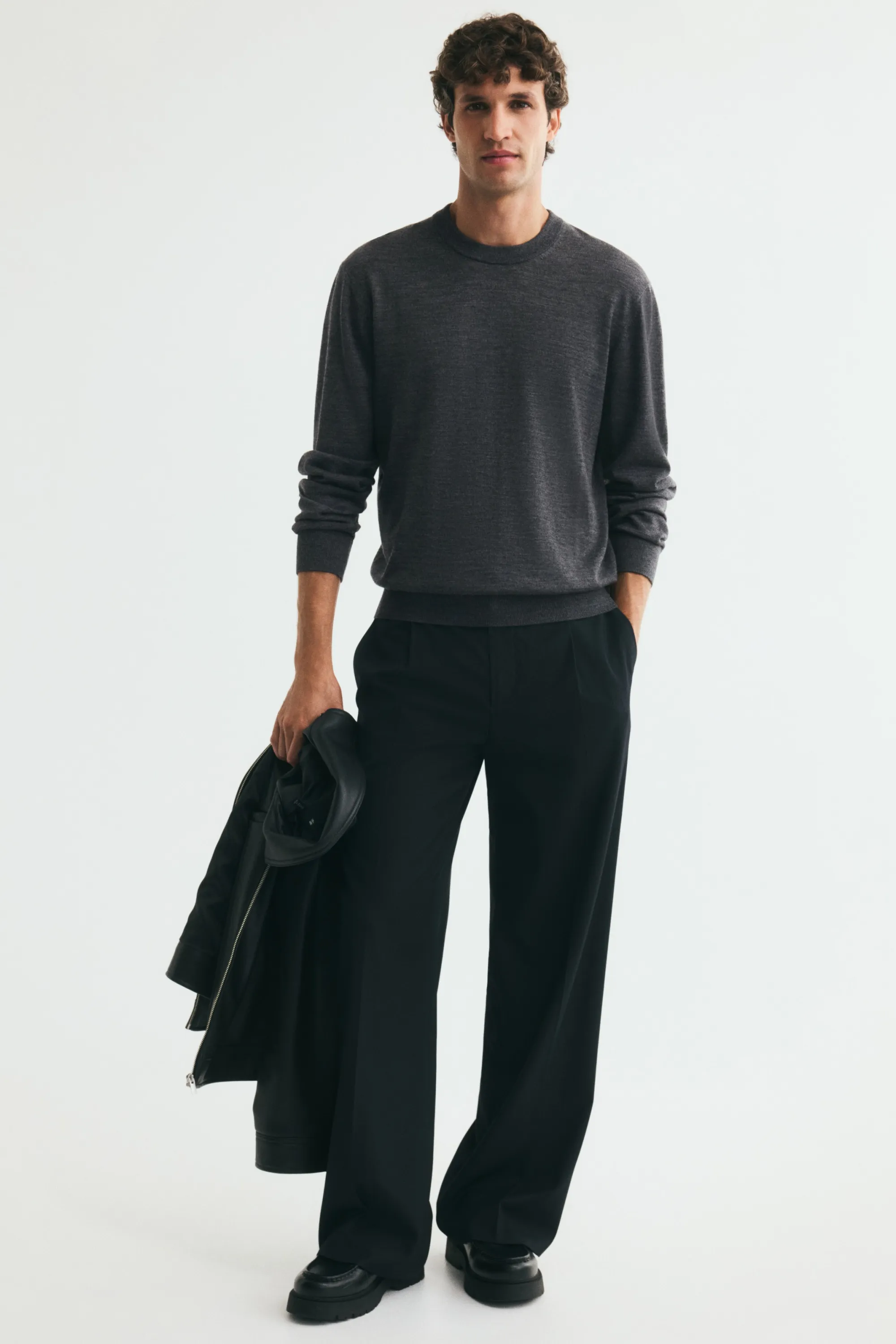 Pull Regular Fit en laine mérinos - Gris foncé chiné