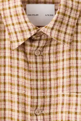 Chemise Relaxed Fit en tissu texturé - Beige/carreaux — photo 5