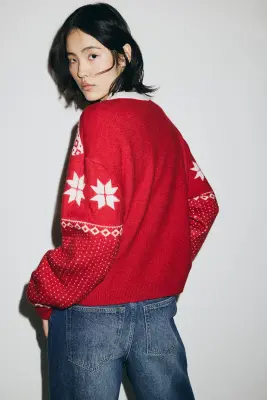 Pull oversize en maille jacquard - Rouge/motif — photo 3