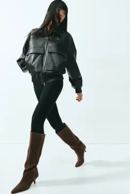 Bottes de hauteur genou en cuir velours fendu - Taupe foncé — photo 1