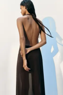 Robe maxi à encolure bénitier - Marron foncé — photo 3