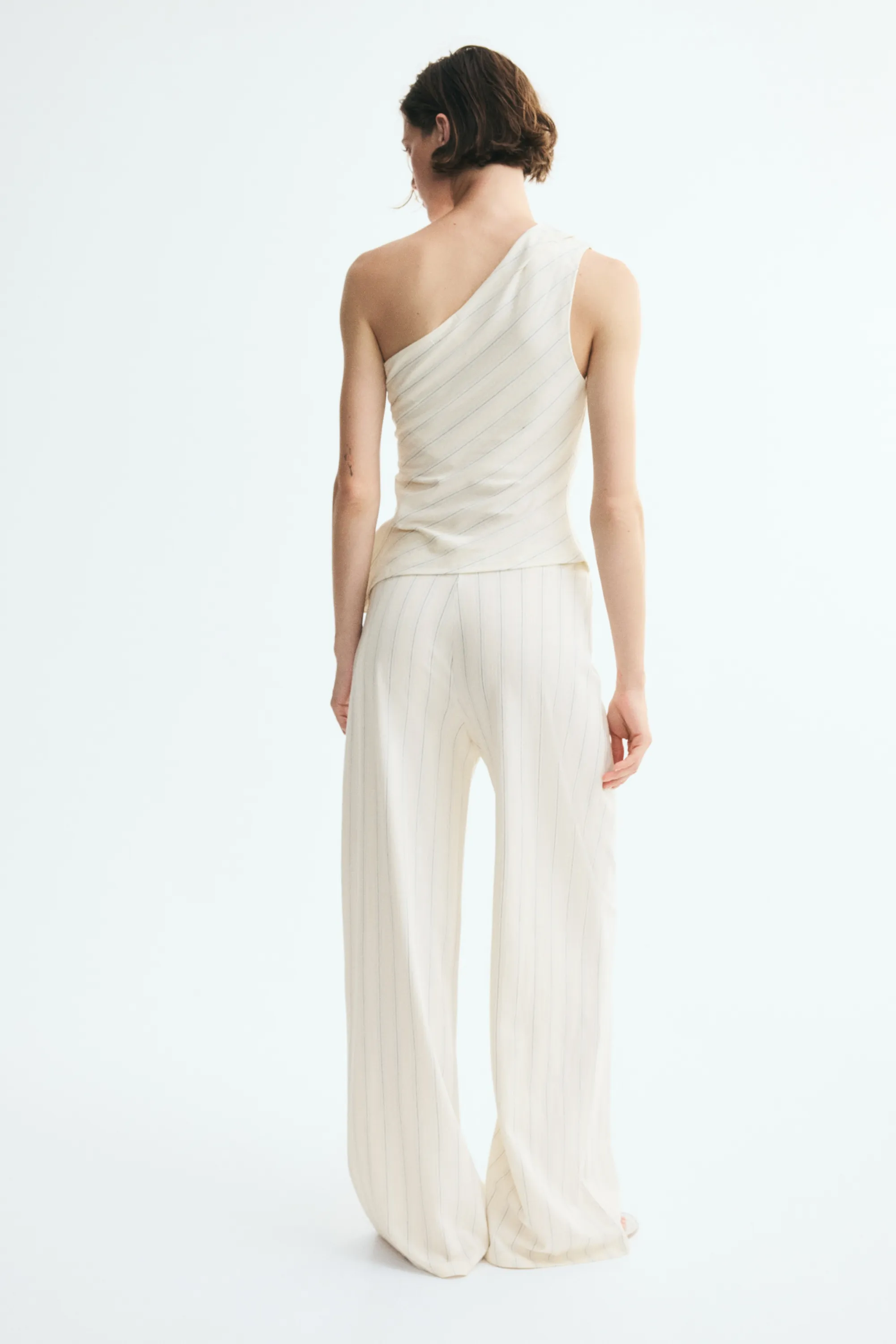 Pantalon en coton mélangé avec taille élastique - Beige clair/rayé