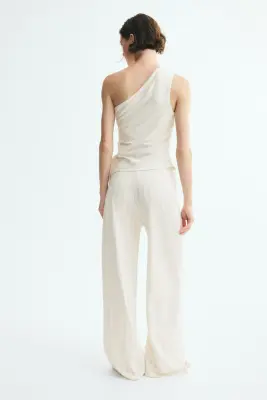 Pantalon en coton mélangé avec taille élastique - Beige clair/rayé — photo 1