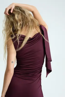 Robe asymétrique à effet drapé - Prune — photo 3