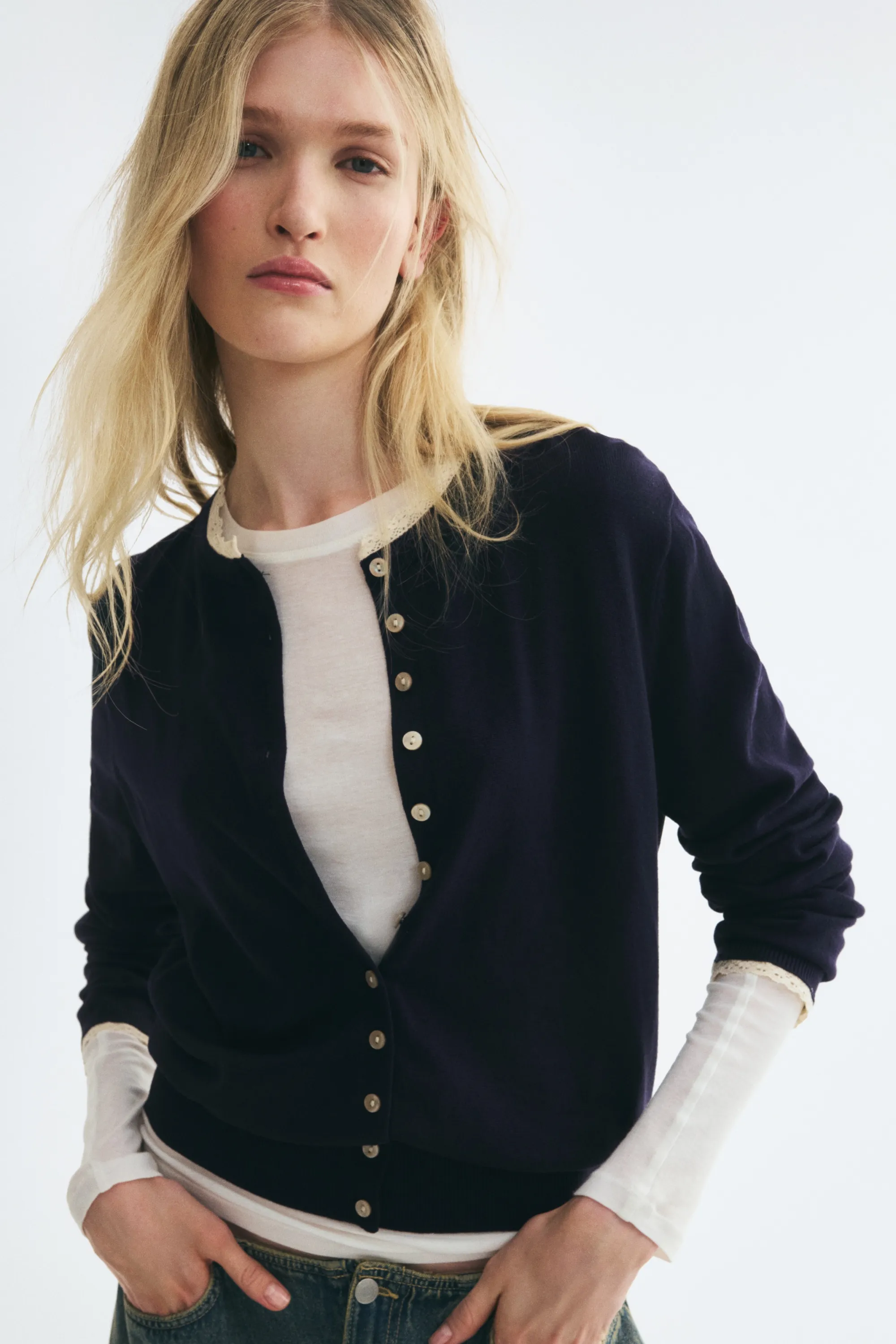 Gilet avec dentelle - Bleu marine/crème