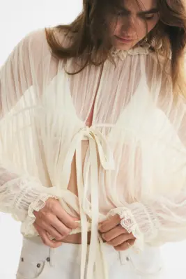 Blouse vaporeuse à nouer - Crème — photo 3