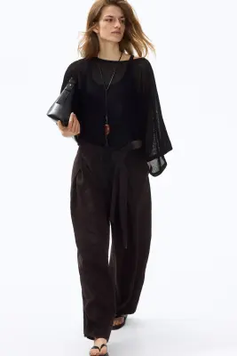 Pantalon en twill avec détail à nouer - Marron foncé — photo 3
