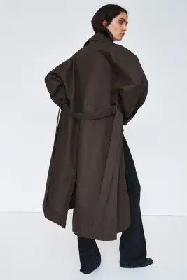 Manteau en twill avec ceinture - Taupe foncé — photo 4