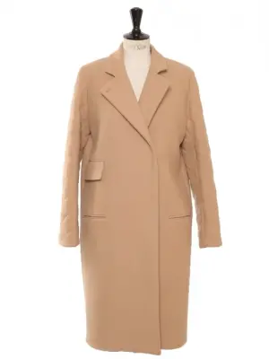 Manteau long droit col V manches matelassées en laine marron camel Prix boutique 2500€ Taille 36/38 — photo 1