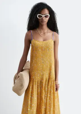 Robe longue à corsage plissé - Jaune chaud/Motif fleuri — photo 3