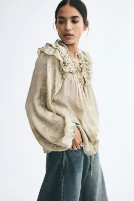 Blouse à bords ruchés avec détails à nouer - Vert kaki clair/fleuri — photo 3