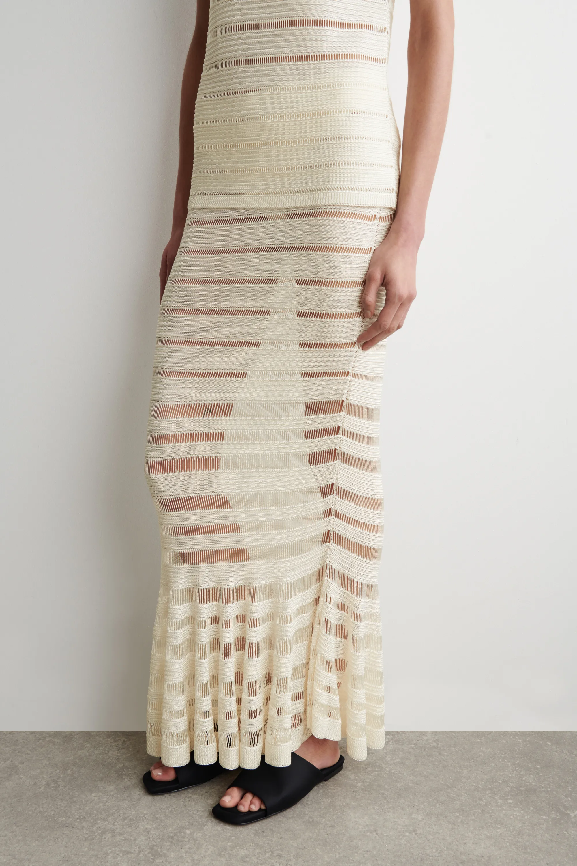 JUPE MIDI EN MAILLE À POINT D'ÉCHELLE - CRÈME