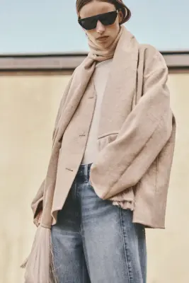 Veste faite main en laine mélangée avec écharpe - Beige clair — photo 3