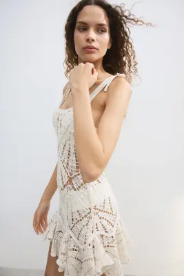 Robe volantée façon crochet - Crème — photo 4