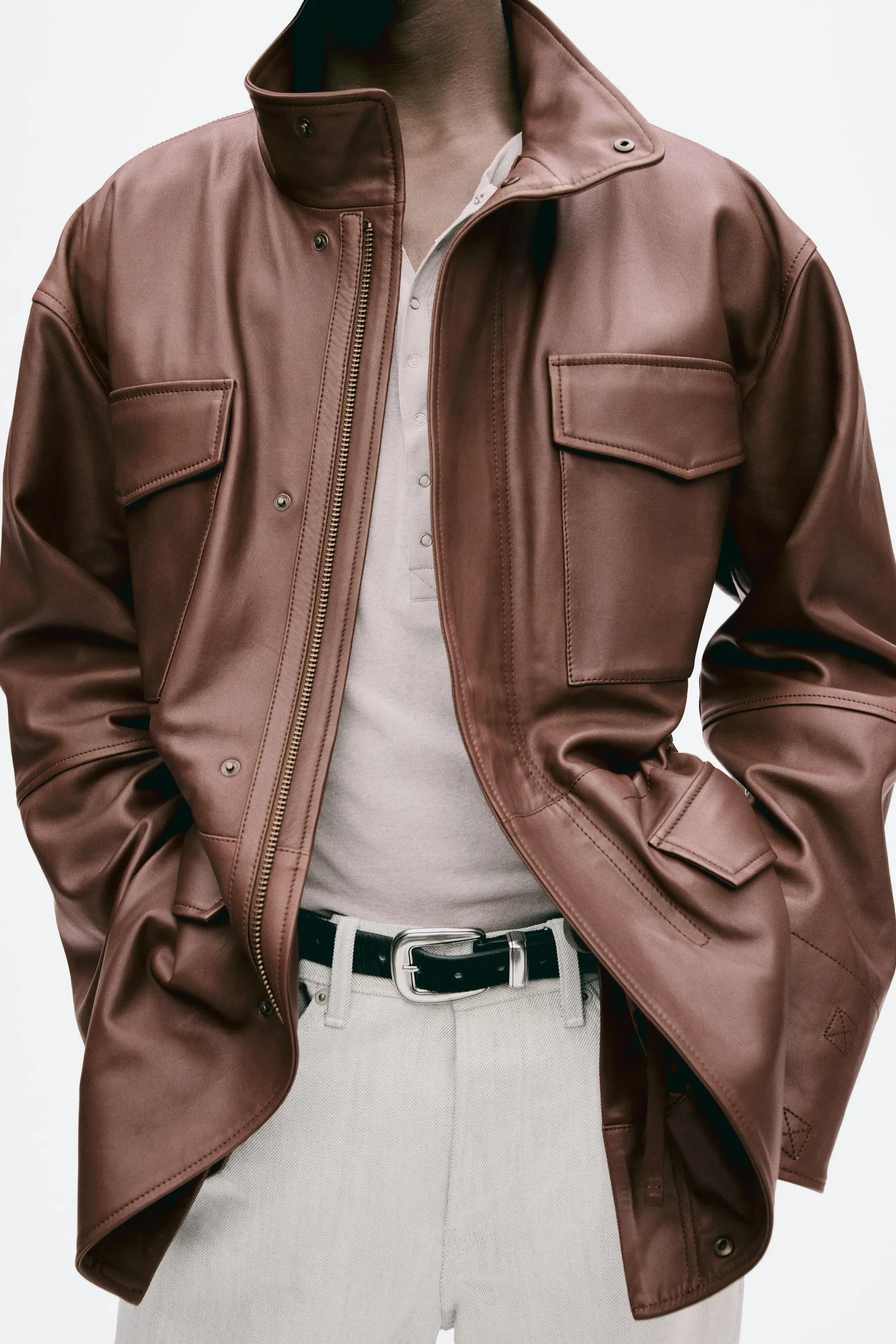 Veste cargo en cuir - Marron