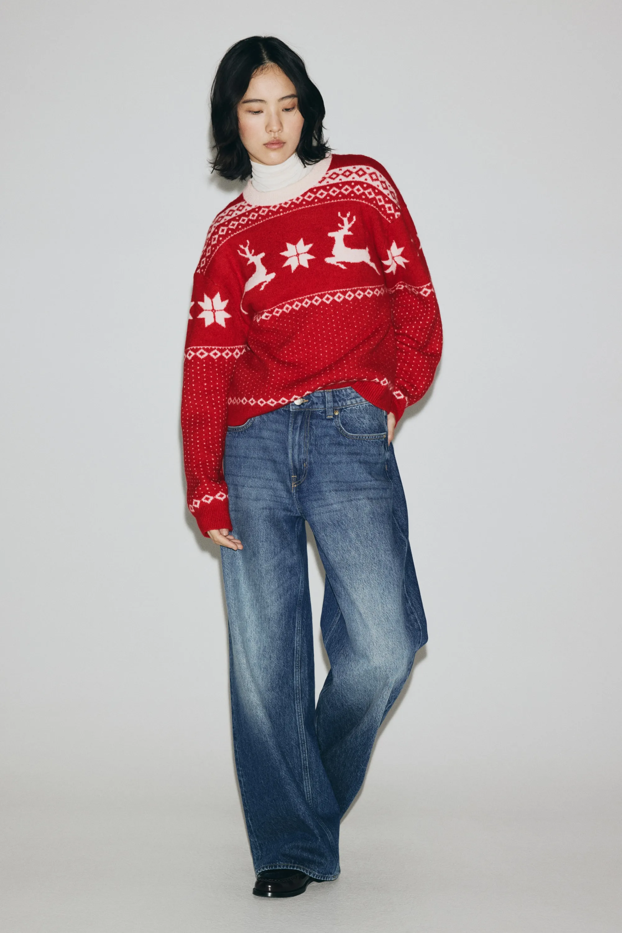 Pull oversize en maille jacquard - Rouge/motif