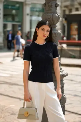 Noel Silk Top - Navy with white — photo 2