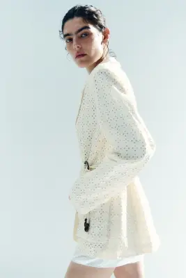 Blazer en coton avec broderie anglaise - Beige clair — photo 3