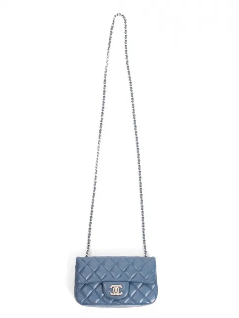 Sac classique mini timeless à rabat en cuir bleu canard et chaîne bandoulière argent