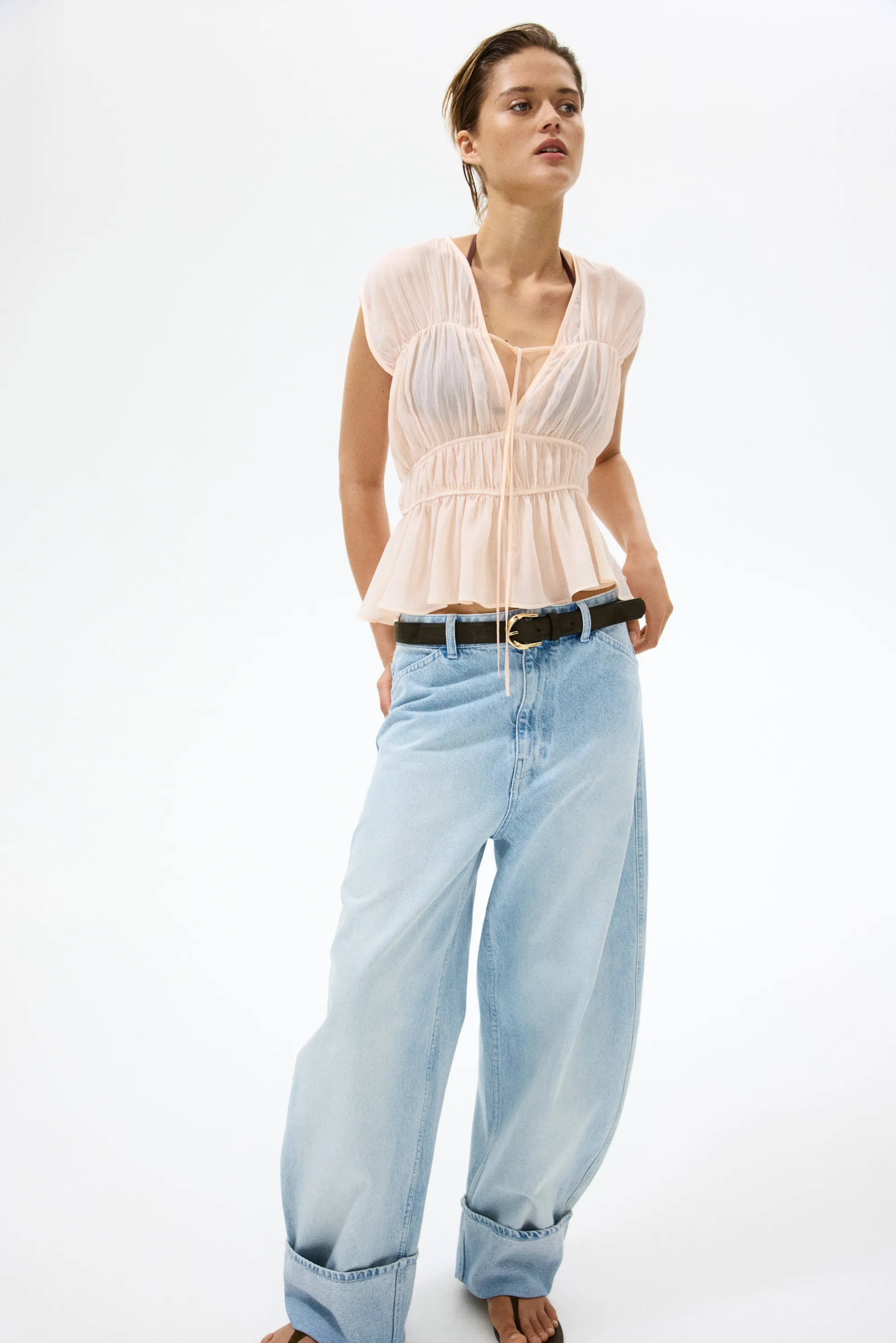 Blouse ruchée en coton - Abricot