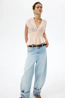 Blouse ruchée en coton - Abricot — photo 1