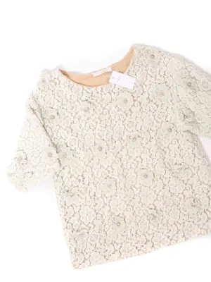 Top manches courtes en dentelle brodé de fleurs et perles vert d'eau Prix boutique 1200€ Taille 38 — photo 5