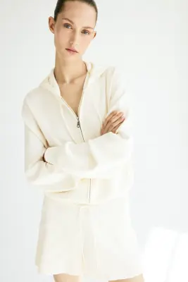 Veste à capuche en maille fine avec zip - Crème — photo 2