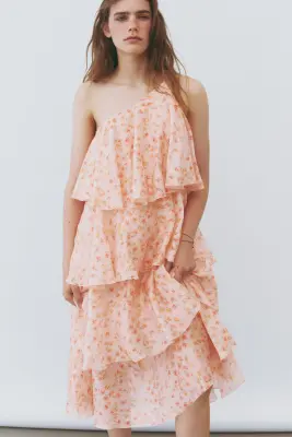 Robe asymétrique à étages en lin mélangé - Rose clair/fleuri — photo 2