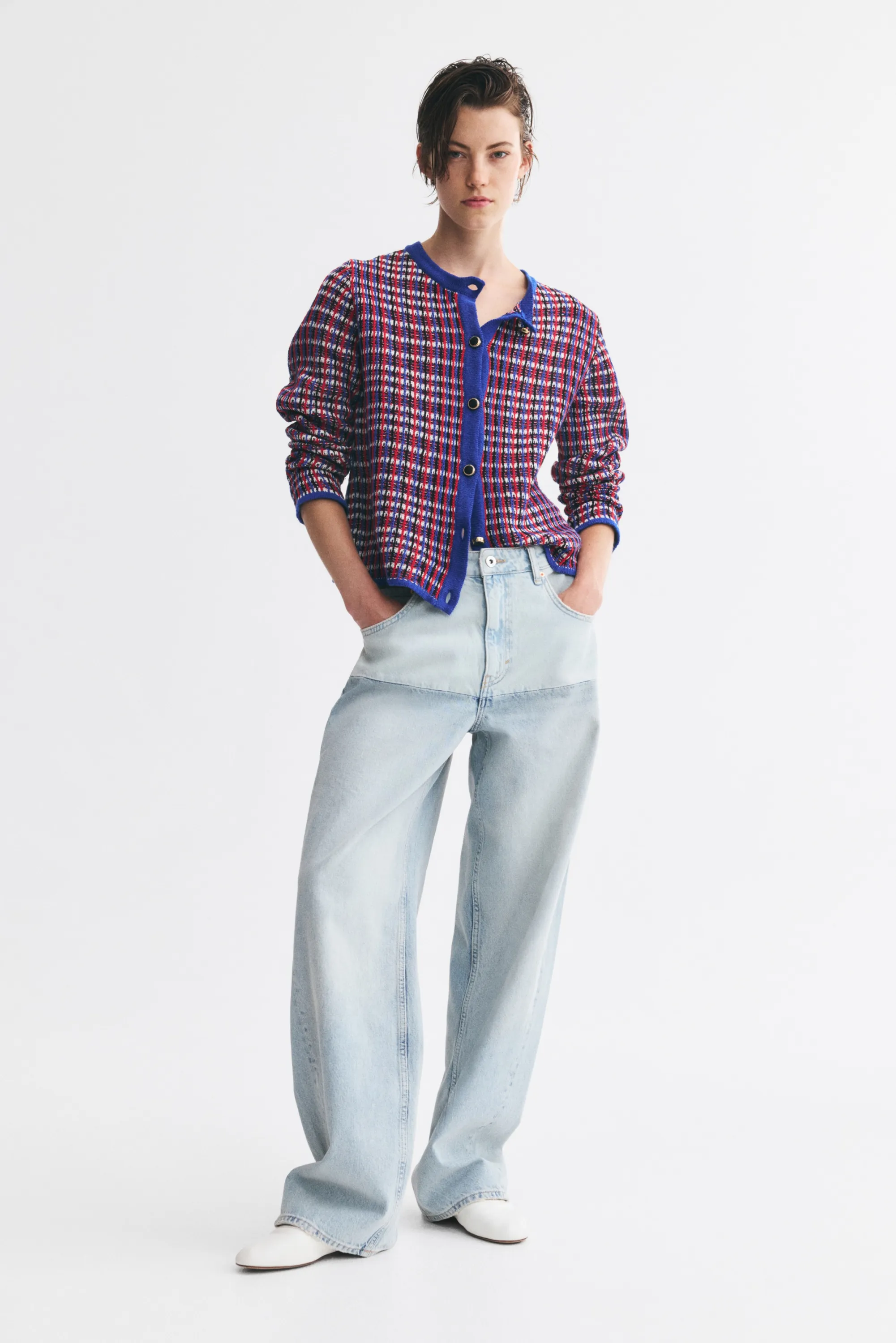Gilet en maille texturée - Bleu/carreaux rouges