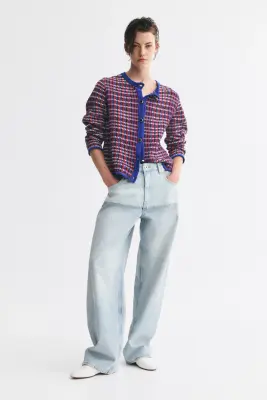 Gilet en maille texturée - Bleu/carreaux rouges — photo 1