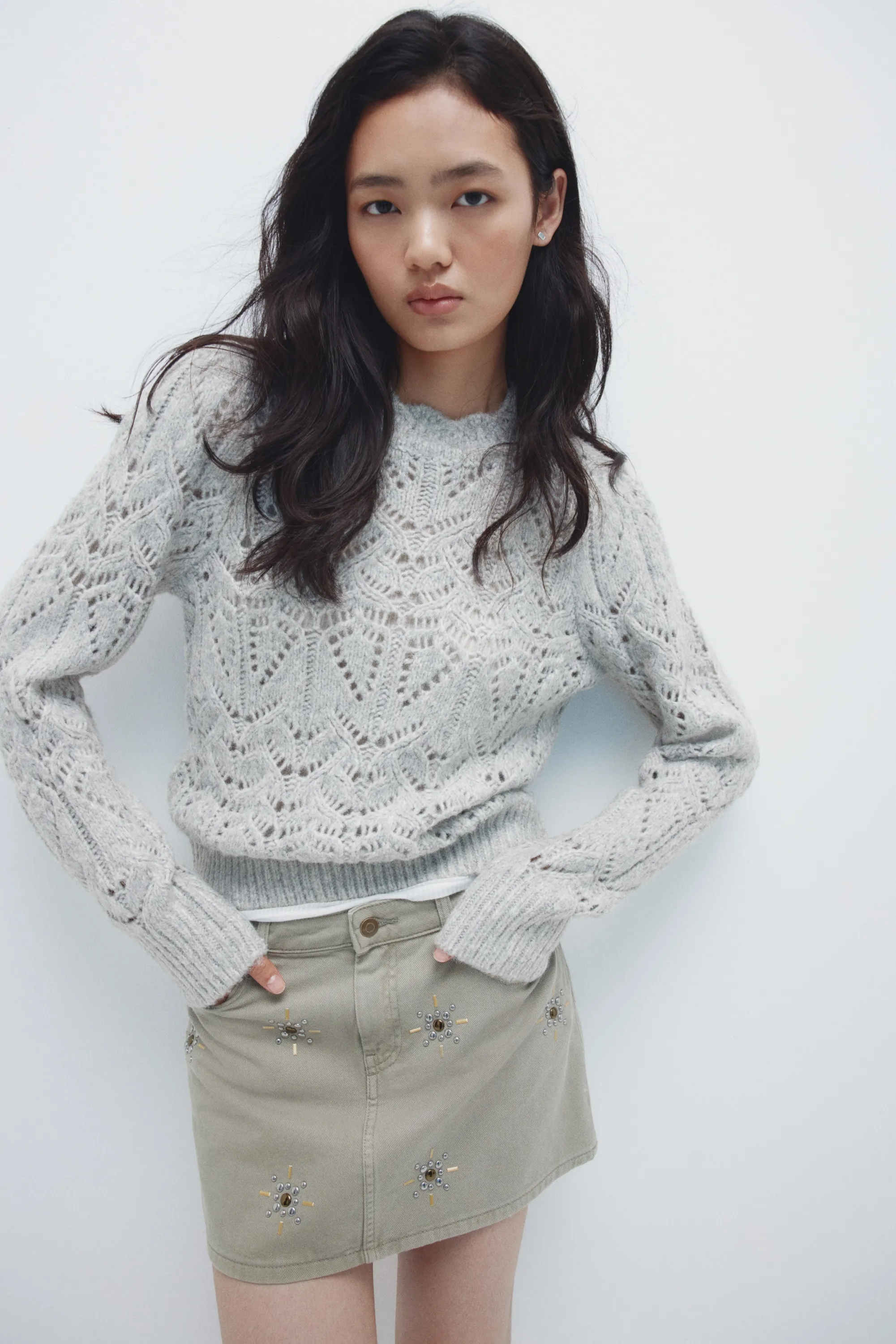 Pull en maille pointelle - Gris clair