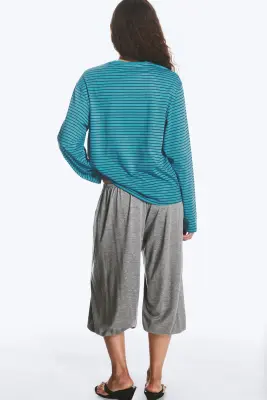 T-shirt coton carré manches longues - Rayures turquoises/noires — photo 2
